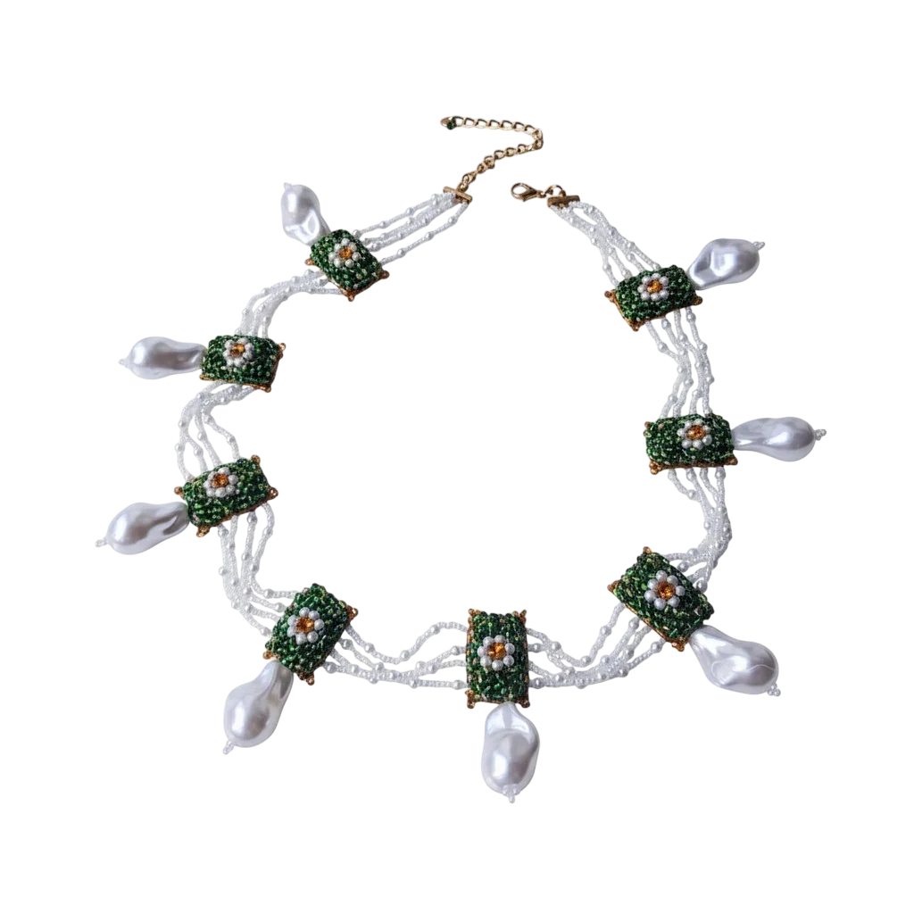 Colar artesanal Iluztro com pérolas grandes e flores verdes – colar de festa exclusivo - Image 2