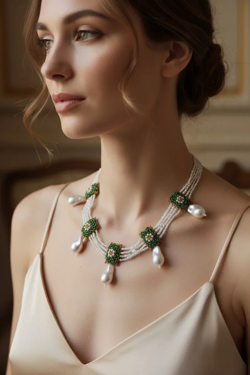 Colar artesanal Iluztro com pérolas grandes e flores verdes – colar de festa exclusivo - Image 4