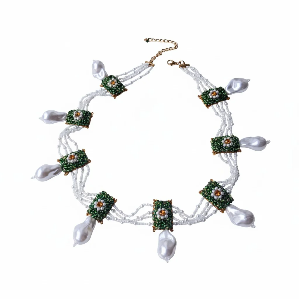 Colar artesanal Iluztro com pérolas grandes e flores verdes – colar de festa exclusivo - Image 5