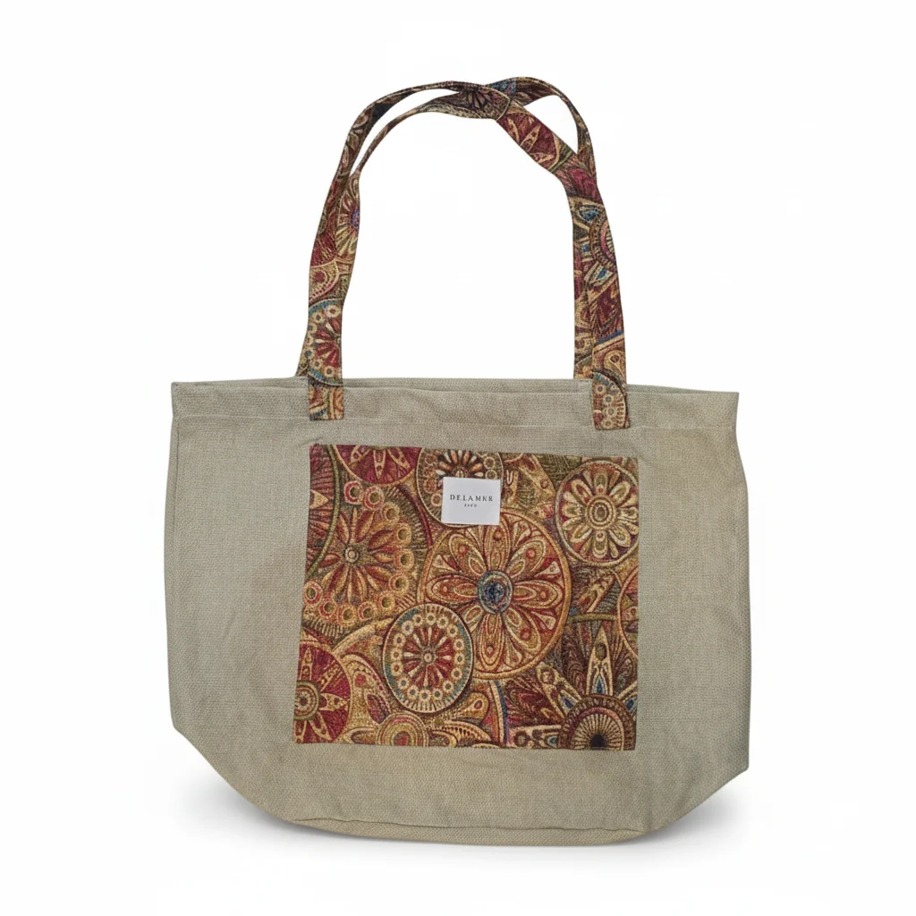 Saco de Ráfia DelaMur – Mala Tote Bege com Bolso Frontal Estampado
