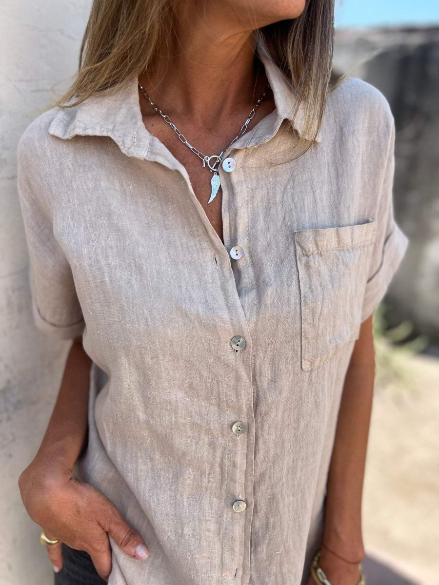 Camisa casual de algodão e linho com lapela - Image 7